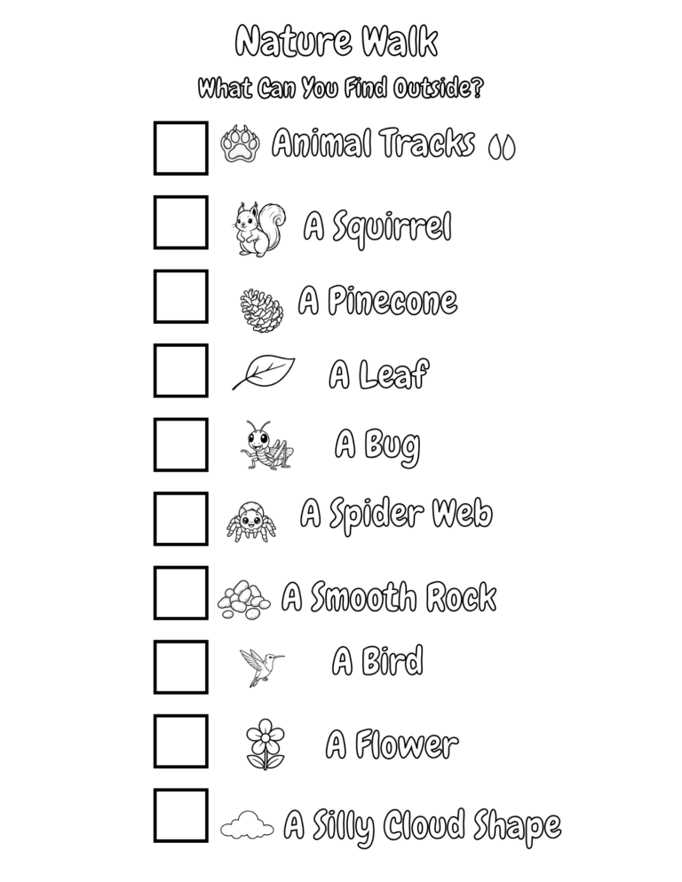 Printable Nature walk checklist activity for kids ages 3–8