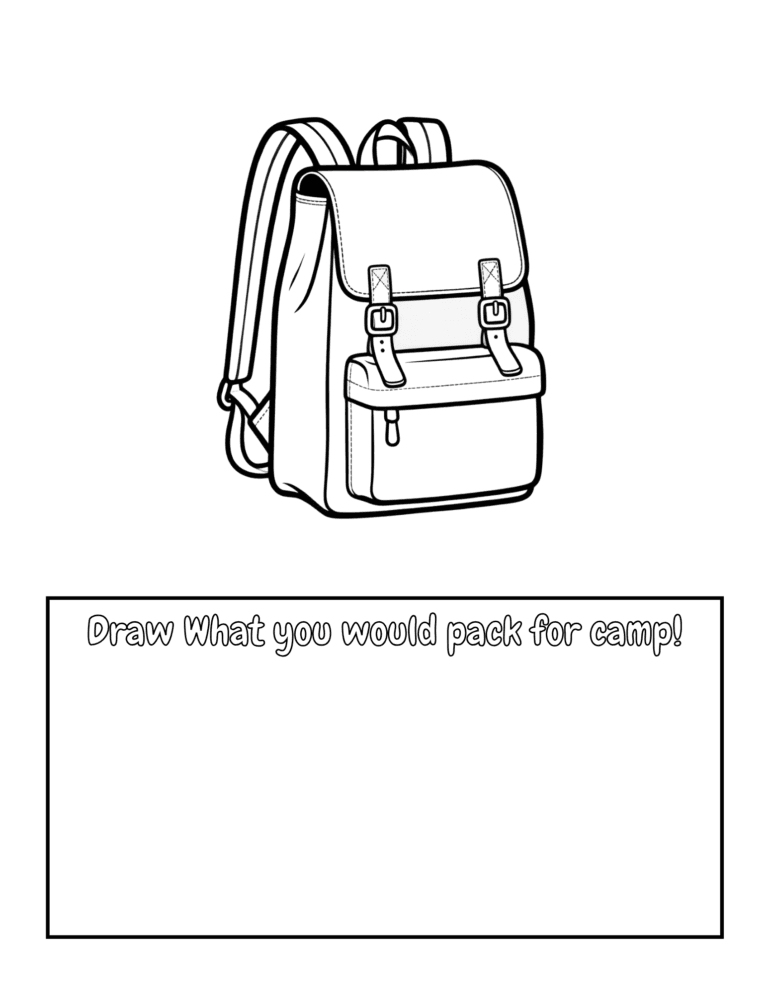 Printable Draw what to pack for camp activity for kids ages 3–8