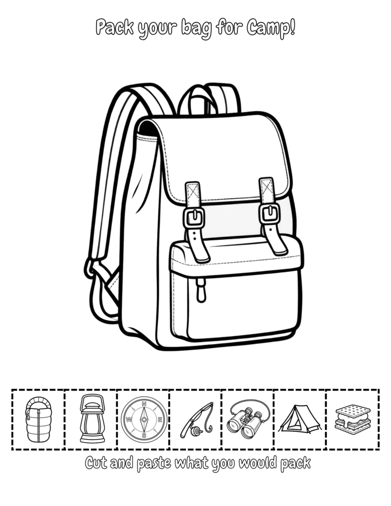 Printable Camp packing cut and paste activity for kids ages 3–8