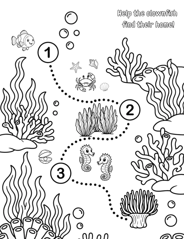 Printable Help the clownfish find home maze activity for kids ages 3–8
