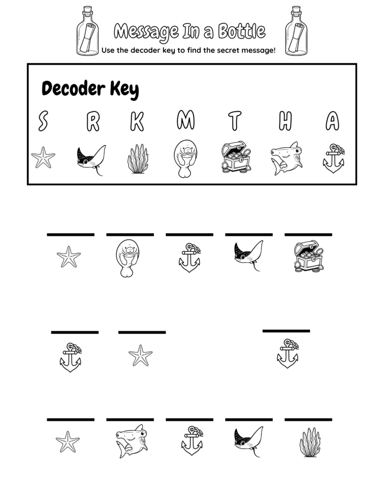 Printable Message in a bottle decoder activity for kids ages 3–8