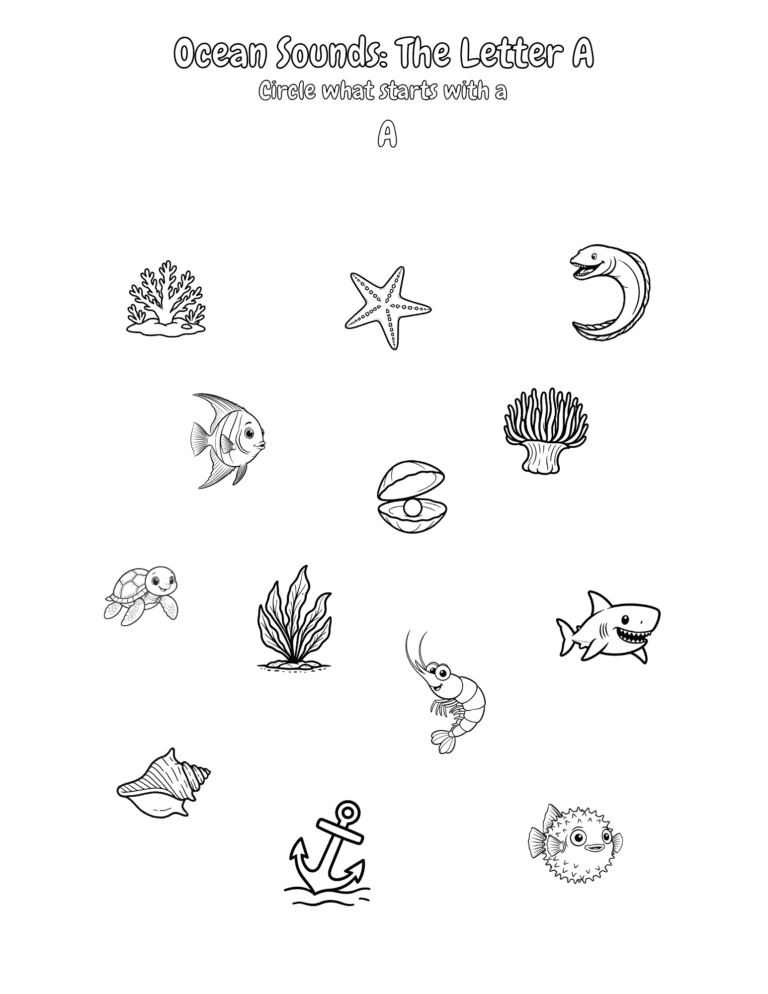 Printable Letter A ocean sounds activity for kids ages 3–8