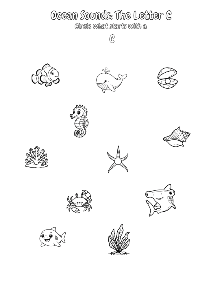 Printable Letter C ocean sounds activity for kids ages 3–8
