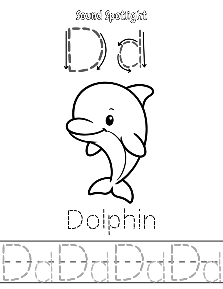 Printable Letter D sound dolphin activity for kids ages 3–8