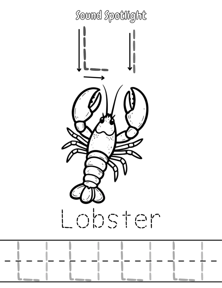 Printable Letter L sound lobster activity for kids ages 3–8