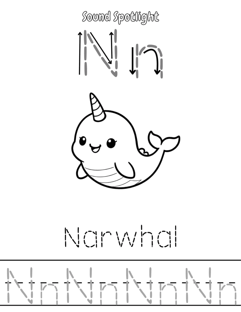 Printable Letter N sound narwhal activity for kids ages 3–8
