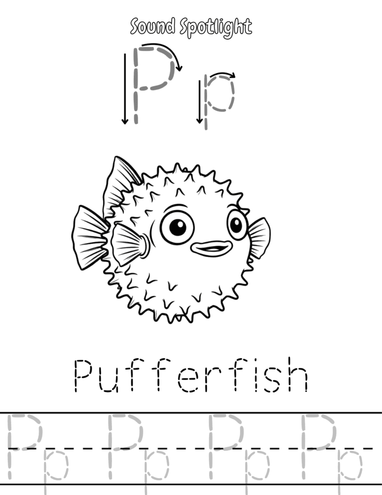 Printable Letter P sound pufferfish activity for kids ages 3–8